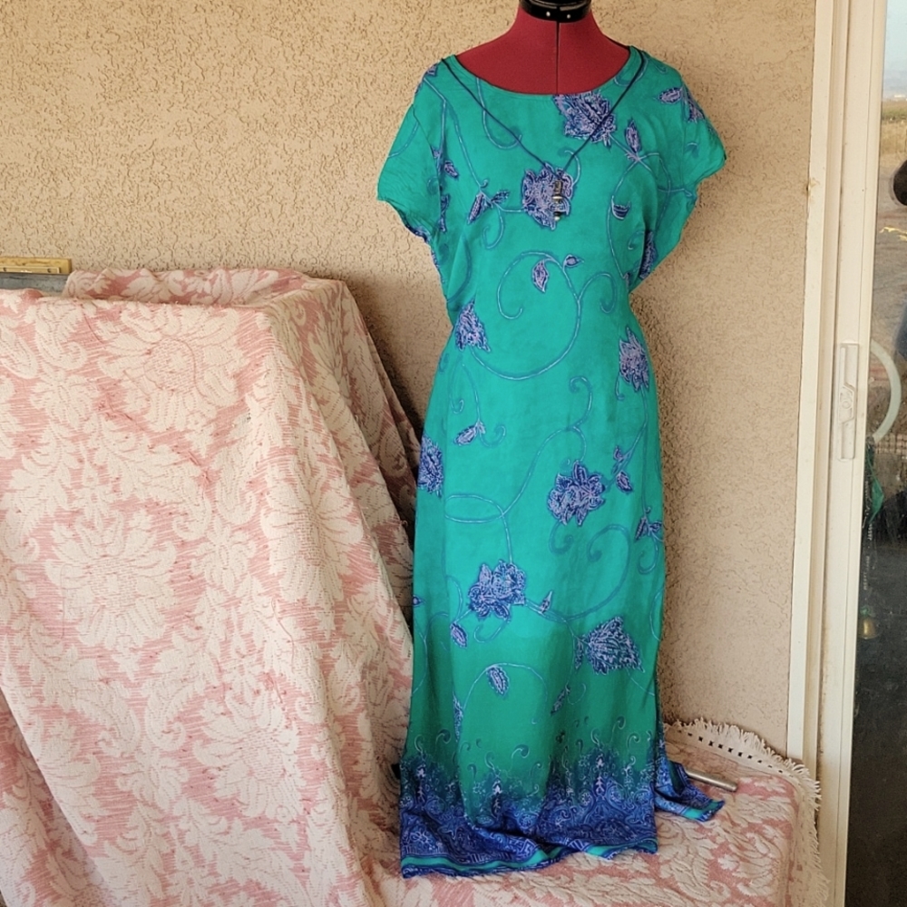Ocean Jewel Tones TUNIC. MAXI DRESS SZ 16 CASCAIS OF CALIFORNIA